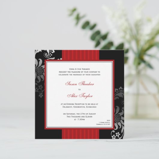 赤く及び黒く華美なパターン結婚式招待状 招待状 (スタンド正面)