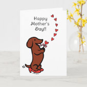 赤く滑らかなダックスフントの母の日のハート カード (黄色い花)