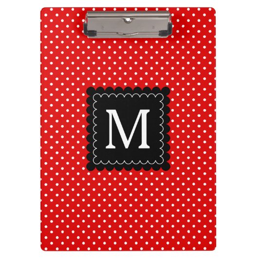赤く白い水玉模様パターン黒のモノグラムのデザイン クリップボード (正面)