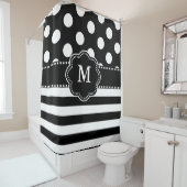 赤く白い点のストライプなモノグラム シャワーカーテン (インサイチュ)
