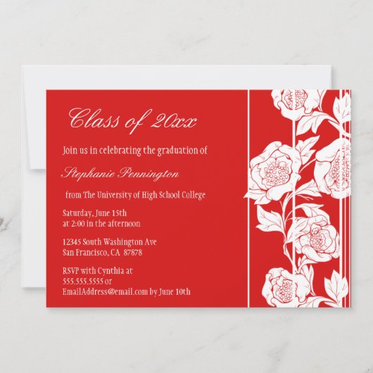 赤く白い花の卒業パーティーの発表 招待状 (正面)