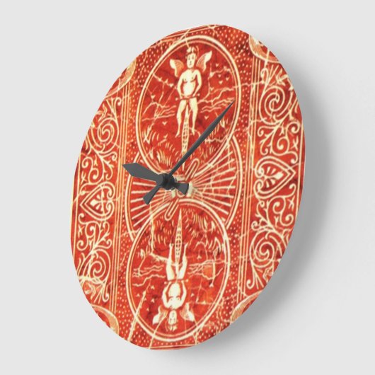 赤く白い花柄の渦巻および天使 ラージ壁時計 (傾斜)