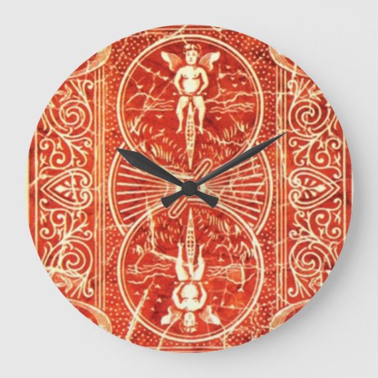 赤く白い花柄の渦巻および天使 ラージ壁時計 (正面)