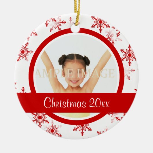 赤く白い雪片の写真は個人化なります セラミックオーナメント (正面)