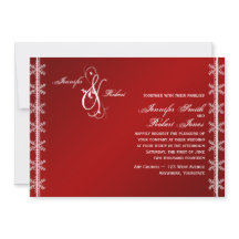 赤く白い雪片の冬の結婚式招待状