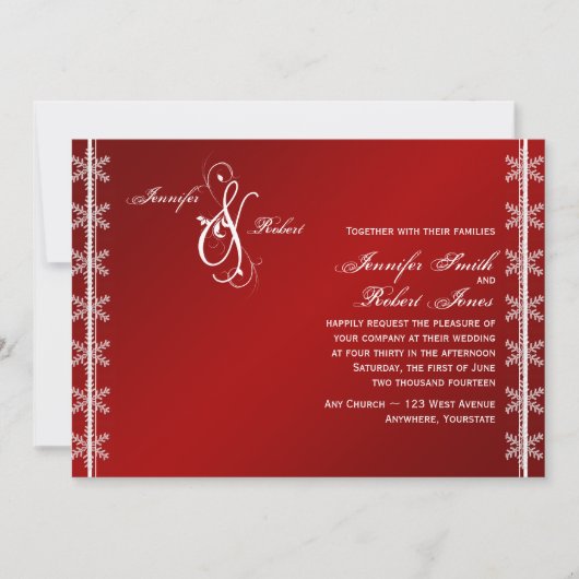 赤く白い雪片の冬の結婚式招待状 招待状 (正面)