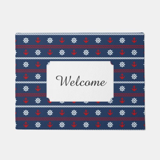 赤く白くおよび青の海パターン|はあなたの文字を加えます ドアマット (正面)
