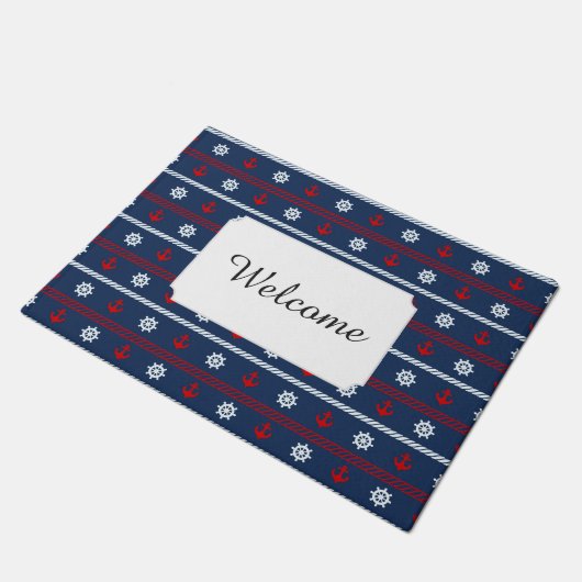 赤く白くおよび青の海パターン|はあなたの文字を加えます ドアマット (アングル)