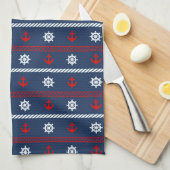 赤く白くおよび青の海パターン キッチンタオル (四つ折り)