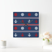 赤く白くおよび青の航海のなパターン スクエア壁時計 (ホーム)