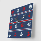 赤く白くおよび青の航海のなパターン スクエア壁時計 (傾斜)