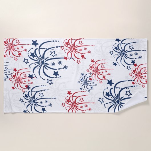 赤く白くおよび青の花火7月第4 ビーチタオル (正面)