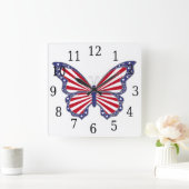赤く白くおよび青の蝶正方形の時計 スクエア壁時計 (ホーム)