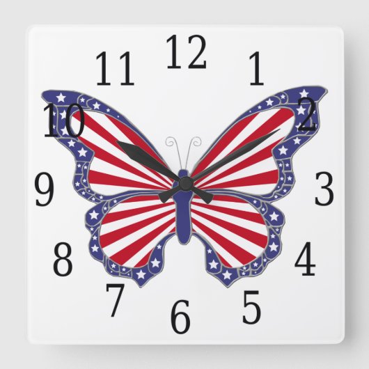 赤く白くおよび青の蝶正方形の時計 スクエア壁時計 (正面)