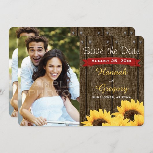 赤く素朴なヒマワリ2の写真の結婚式招待状 セーブザデート (正面/裏面)