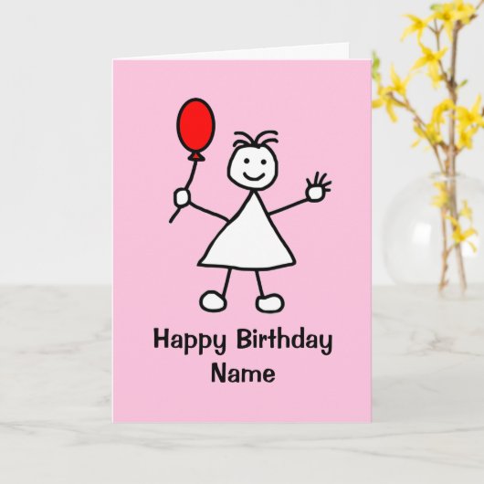 赤く膨らませるバルーンピンクの漫画を描いたかわいい女の子 カード (黄色い花)