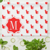 赤く赤く白い水玉模様象 キッチンタオル (折り畳み)