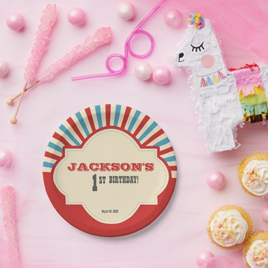 赤く青い写真のサーカスのテーマの第1誕生日 ペーパープレート (パーティー)