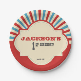 赤く青い写真のサーカスのテーマの第1誕生日 ペーパープレート