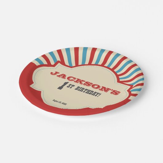 赤く青い写真のサーカスのテーマの第1誕生日 ペーパープレート (アングル)