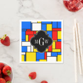 赤く青く黄色いモンドリアンBlkのクローバー3のモノグラム スタンダードカクテルナプキン (インサイチュ)