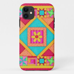 赤く黄色くカラフルなパッチワークキルトの芸術 iPhone 11 ケース