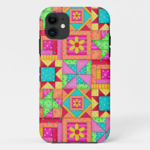 赤く黄色くカラフルなパッチワークキルトの芸術 iPhone 11 ケース