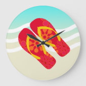 赤く黄色く青い夏のビーチのテーマのビーチサンダル ラージ壁時計 (正面)