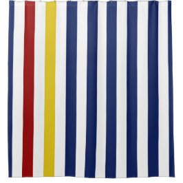 赤く黄色く青および白のストライプ シャワーカーテン