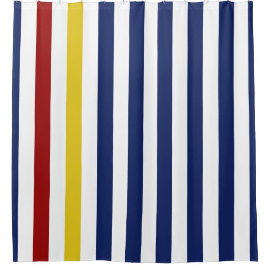 赤く黄色く青および白のストライプ シャワーカーテン (正面)