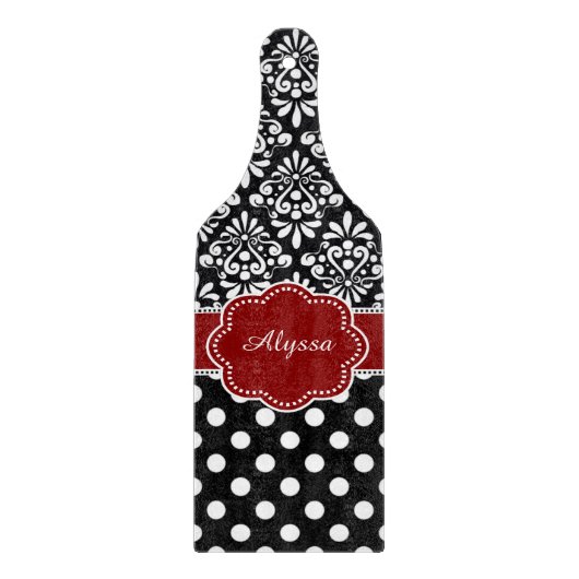 赤く黒いダマスク織はパーソナライズに点を打ちます カッティングボード (正面)