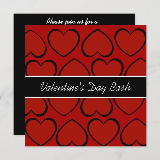 赤く黒いハートのバレンタインデーのパーティの招待状 招待状 (正面/裏面)