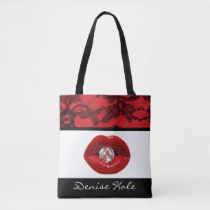 赤く黒いレースの唇のダイヤモンド トートバッグ