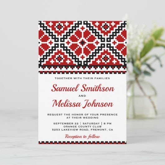赤く黒い刺繍のウクライナ人の結婚式招待状 招待状 (スタンド正面)
