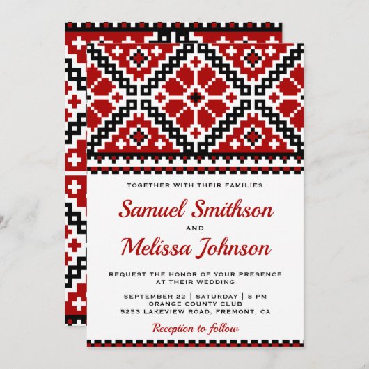 赤く黒い刺繍のウクライナ人の結婚式招待状 招待状 (正面/裏面)