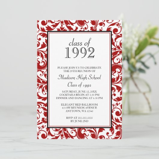 赤く黒い渦巻のダマスク織の同窓会の招待状 招待状 (スタンド正面)