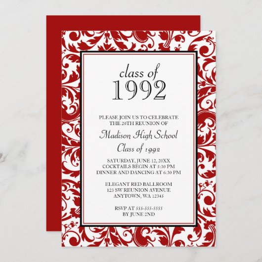 赤く黒い渦巻のダマスク織の同窓会の招待状 招待状 (正面/裏面)