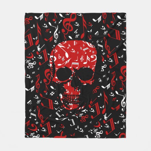 赤く黒い音符のスカル フリースブランケット (正面)