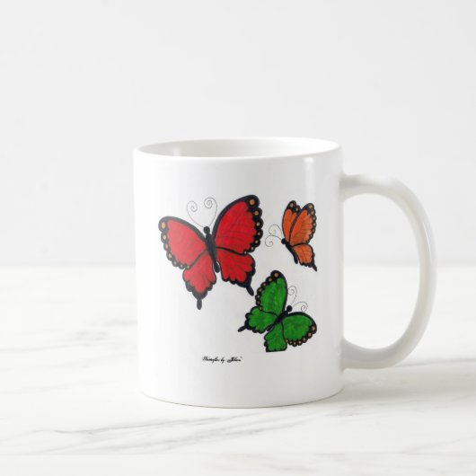赤く、オレンジおよび緑の蝶マグ コーヒーマグカップ (右)