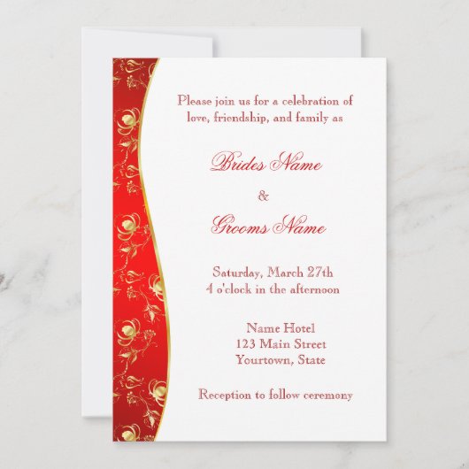 赤く、スタイリッシュな金ゴールドパターン結婚式招待状 招待状 (正面)