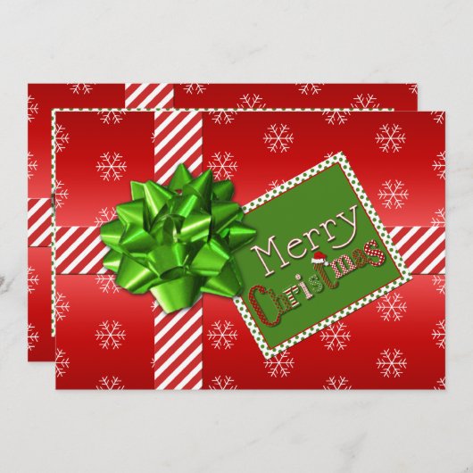 赤く、緑、白くストライプのなクリスマスの写真カード シーズンカード (正面/裏面)