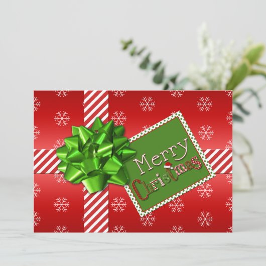 赤く、緑、白くストライプのなクリスマスの写真カード シーズンカード (スタンド正面)