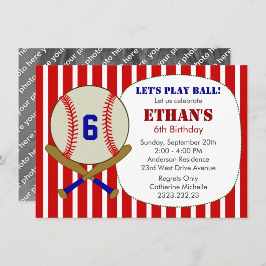 赤く、青および白い野球の誕生会の招待 招待状 (正面/裏面)