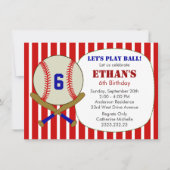 赤く、青および白い野球の誕生会の招待 招待状 (正面)