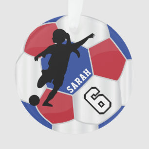 赤く、青、黒い及び白人の女の子のサッカーの選手- DIY オーナメント