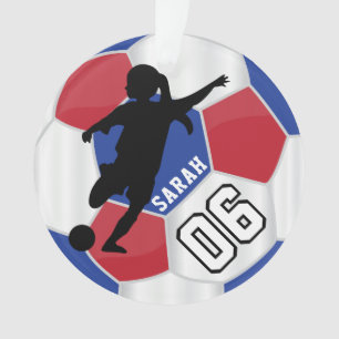 赤く、青、黒い及び白人の女の子のサッカーの選手- DIY オーナメント