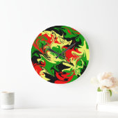 赤く、黄色、黒いおよび緑の渦巻 ラージ壁時計 (ホーム)