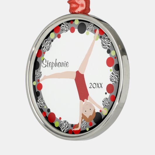 赤く、黒い及び緑のパーソナライズの赤毛の体育専門家 メタルオーナメント (左)