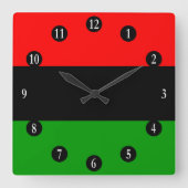 赤く、黒い、緑鍋のアフリカの旗、白い数 スクエア壁時計 (正面)