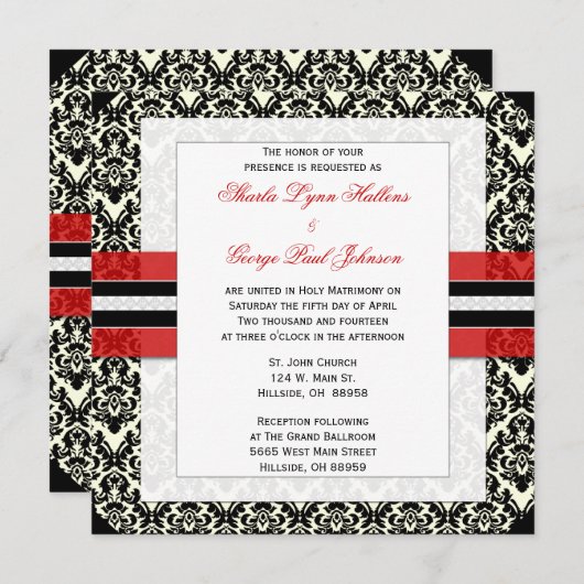 赤く、黒く、および白いダマスク織の結婚式招待状 招待状 (正面/裏面)